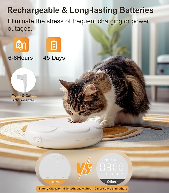 Casfuy Automatic Cat Feeder Cordless - Automatic Cat Food Dispenser with Stainless Steel Tray for Wet Food Rechargeable Auto Feeder for Cats Small Dogs with Programmable Timer Low Battery Indicator - Image 6