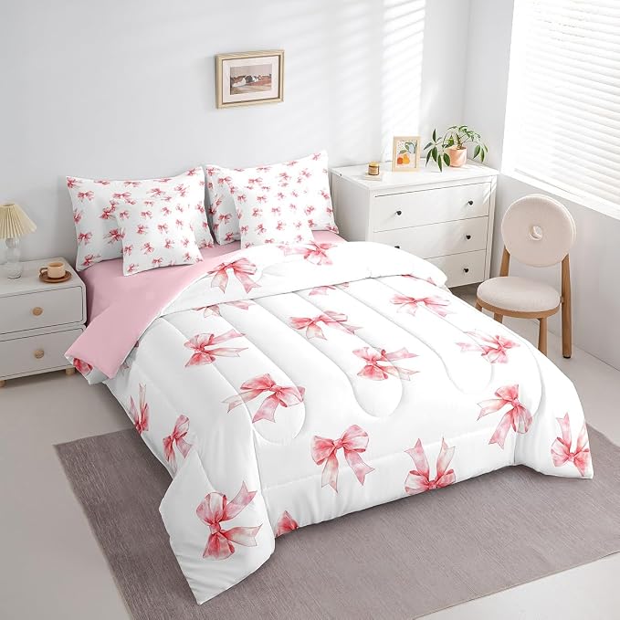 Erosebridal 7 Piece Bowknot Full Bedding Set for Girls Women,Dreamy Princess Style Kids Comforter Set for Teens Bedroom Decor,Pink Kawaii Bow Bed in a Bag,Romantic Valentine Sheet Set with Comforter - Image 3
