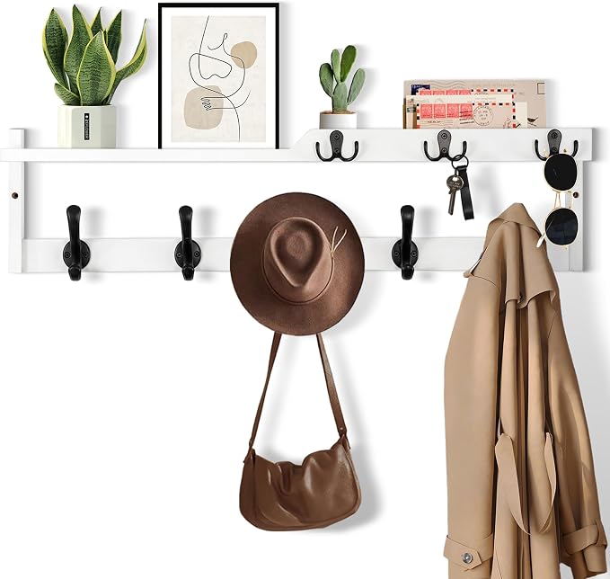 29'' Coat Rack Wall Mount with Shelf, Coat Hanger Wall Mount with Key Hooks and Mail Holder, Wood Entryway Floating Shelf with Hooks and Storage, Hat Rack for Wall Key Holder Mail Organizer by dreampossible