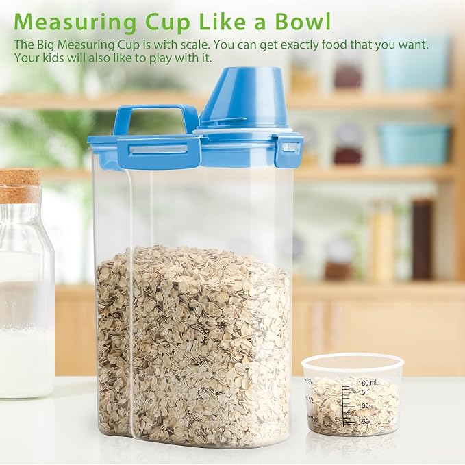 Viretec Rice Airtight Storage Container, 3 to 5Lbs Cereal Dry Food Flour Bin, Pet Dog Cat Food Dispenser with Measuring Cup, BPA Free Clear Plastic Kitchen and Pantry Organization Bin for Sugar, Pasta - Image 5