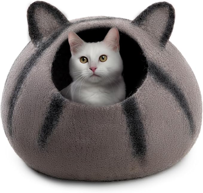 Wool Cat Cave Bed - Extra Warm, Handcrafted, Eco-Friendly Felt Cat Cave for Indoor Cats and Kittens (White Polka) by Woolygon (Tabby Ear) by Woolygon