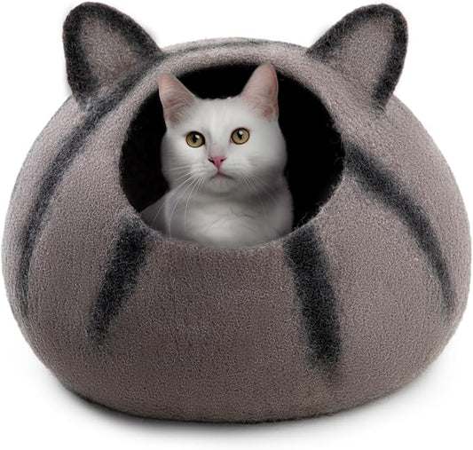 Wool Cat Cave Bed - Extra Warm, Handcrafted, Eco-Friendly Felt Cat Cave for Indoor Cats and Kittens (White Polka) by Woolygon (Tabby Ear) by Woolygon
