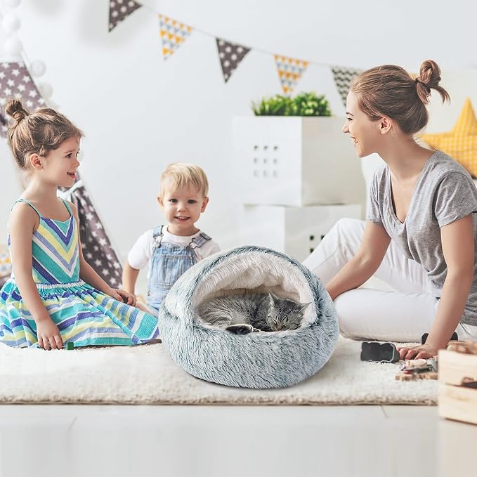 CATISM Cat Bed, Plush Hooded Cat Beds for Indoor Cats | Warm Soft Plush Comfortable Removable Washable Non-Slip Bottom - Image 9
