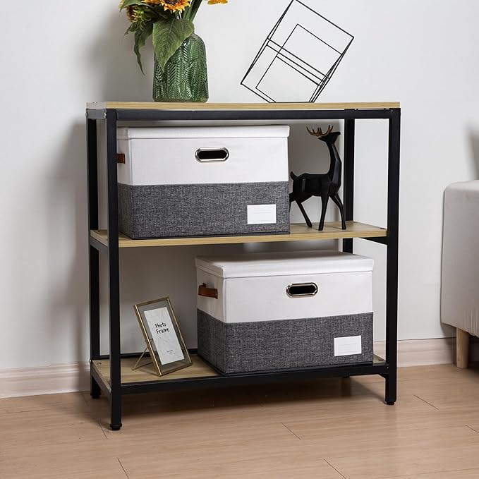 PRANDOM Foldable Storage Bins with Lids [3-Pack] Fabric Collapsible Storage Boxes Baskets Cubes Containers with Handles for Closet Living Room Bedroom (Grey & White 17.7x11.8x11.8'') - Image 3