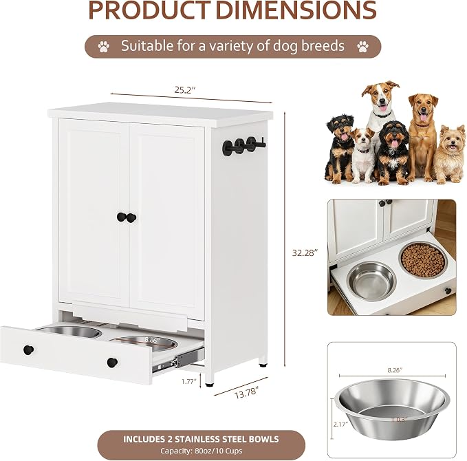 Dog Feeding Station with Storage, Metal Dog Food Storage Cabinet with 2 Elevated Bowls and 3 Hooks, Pet Feeding Station and Dogs Food Storage Organizer, White - Image 2