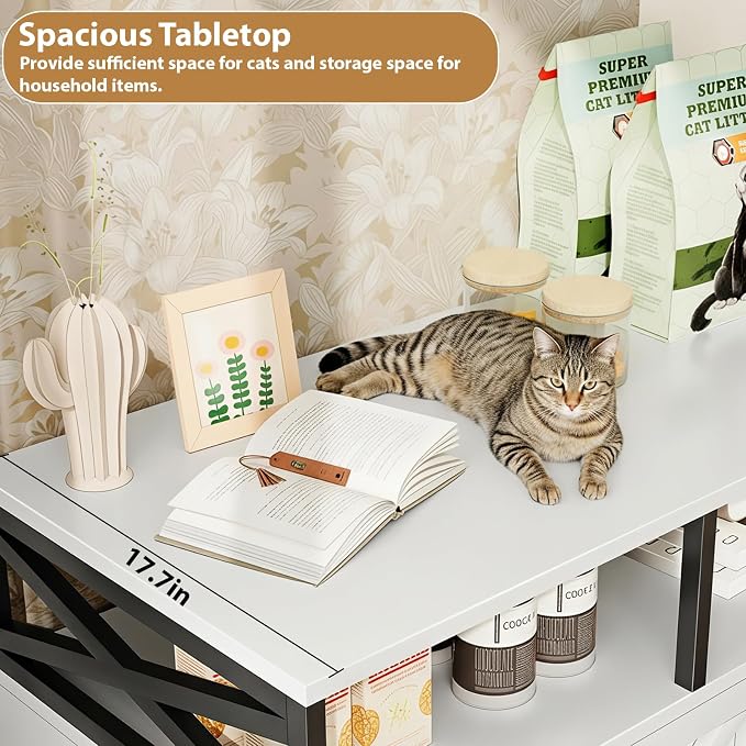 DreamDashio Cat Litter Box Enclosure with Shelves, 35.4" Hidden Litter Box Furniture, Enclosed Litter Box Cabinet with Storage, Farmhouse Indoor Cat House for Living Room, Bedroom, Entryway, White - Image 9