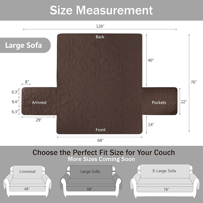 Quilted Sofa Slipcovers with Pockets, Medallion Designed Anti-Slip Couch Covers for 3 Cushion Sofa, Couch Cover for Dogs Cats Water-Repellent Machine Washable (Large Sofa 68", Chocolate) - Image 7