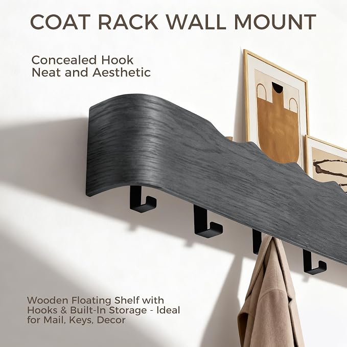 Coat Rack Wall Mount with Shelf Entryway Shelf Modern Key Holder Hanger Wall Shelves with Hidden Hooks for Hanging Towels Coats Hats Bags for Hallway Bathroom Bedroom (Wavy Black, 4 Hooks) - Image 4