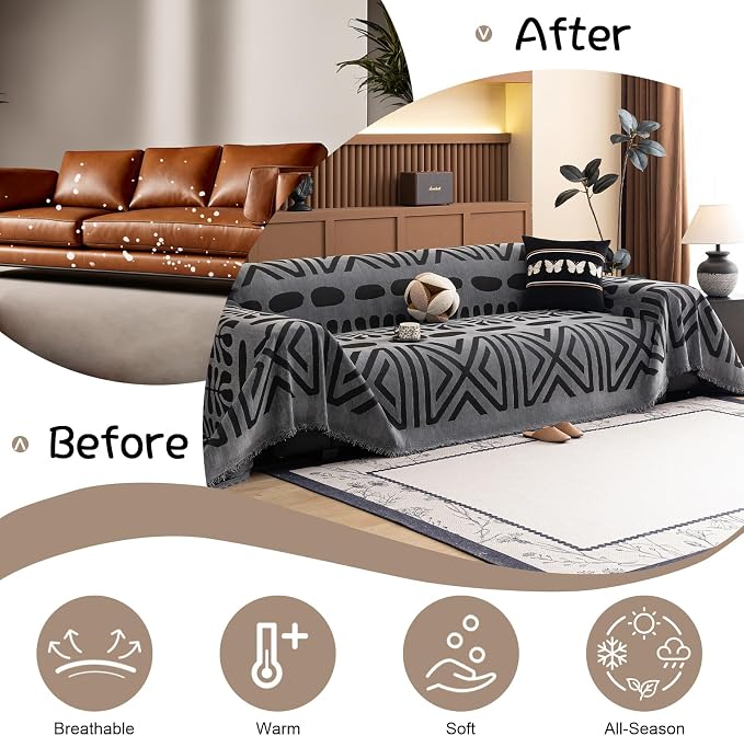 VClife Bohemian Oversize Sofa Cover Washable, Non Slip Chenille Couch Cover for 3-4 Cushion Couch Sofa Pet Furniture Protector Modern Tribal Black Gray Sofa Slipcover for Sectional Couch 71''x150'' - Image 4