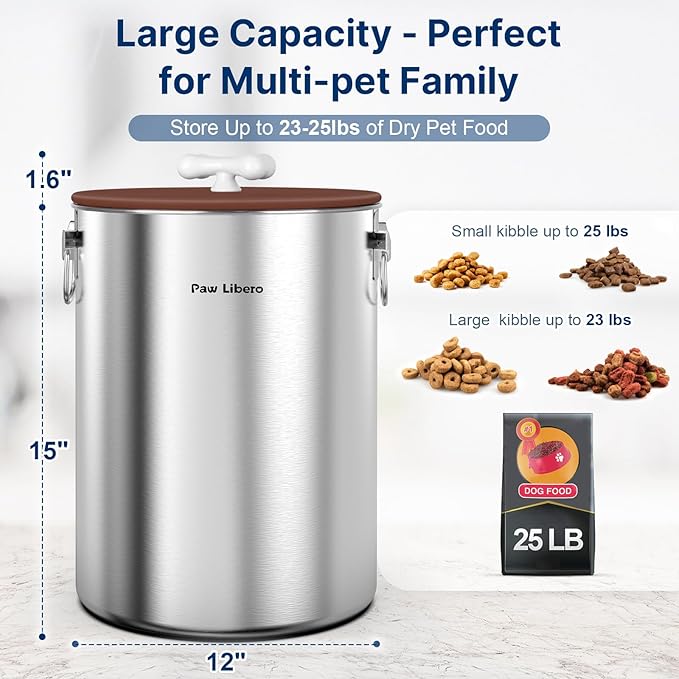 Paw Libero 25 Lbs Stainless Steel Dog Food Storage Container with Airtight Lid & Ceramic Bone Handle, Large Metal Dog Food Bin for Dogs & Cats, Keep Fresh, Easy to Clean - Image 2