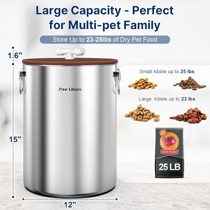 Paw Libero 2PK 25 Lbs Stainless Steel Dog Food Storage Container with Airtight Lid & Ceramic Bone Handle, Large Metal Dog Food Bin for Dogs & Cats, Keep Fresh, Easy to Clean - Image 2