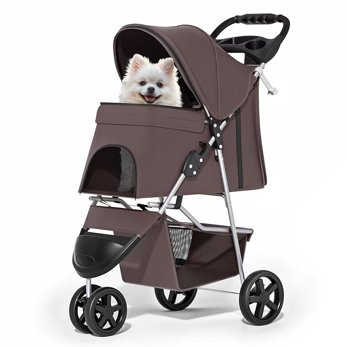 MoNiBloom Foldable Dog Strollers for Small Dogs with Weather Cover, 3 Wheels Pet Strolling Cart for Dogs and Cats with Storage Basket and Cup Holder, Breathable and Visible Mesh for All-Season, Coffee