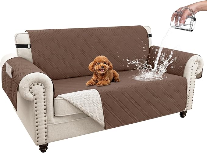 100% Waterproof Couch Cover for Dogs, Anti-Slip Washable Sofa Cover with Elastic Straps & Side Pockets, Durable Furniture Protector for Kids & Pets (Loveseat 46", Dark Brown) by Unknown