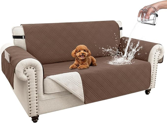 100% Waterproof Couch Cover for Dogs, Anti-Slip Washable Sofa Cover with Elastic Straps & Side Pockets, Durable Furniture Protector for Kids & Pets (Loveseat 46", Dark Brown) by Unknown