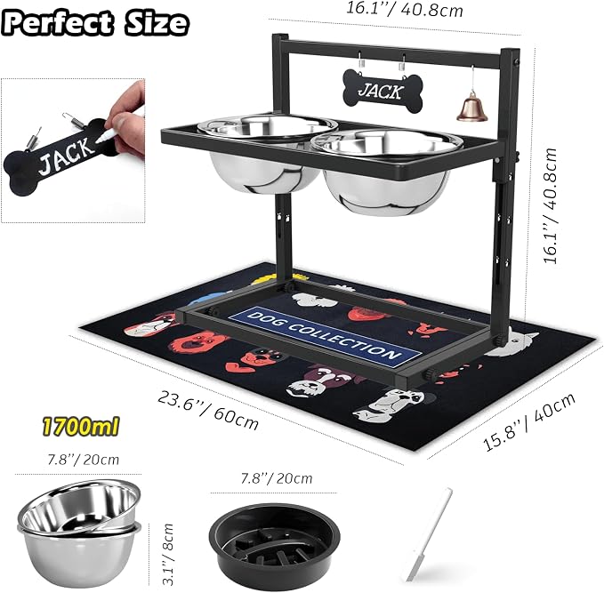 SHAINFUN Elevated Dog Bowls with Slow Feeder & Spillproof Mat, Raised Dog Bowl Stand with 2 Stainless Steel Food Water Bowls, Adjustable Height Stand for Large Medium Breeds - Image 3