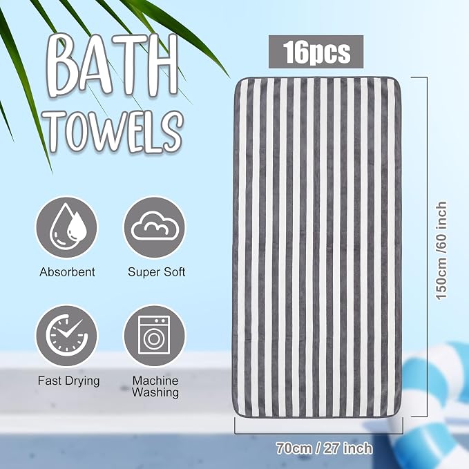 SmoothNovelty 16 Pack Microfiber Bath Towels Bulk 27'' x 60'' Oversized Size Bath Towel Highly Absorbent Extra Large Soft Drying for Beach Shower Summer Salon Sport Gym Party (Stripe,Dark Grey) - Image 2