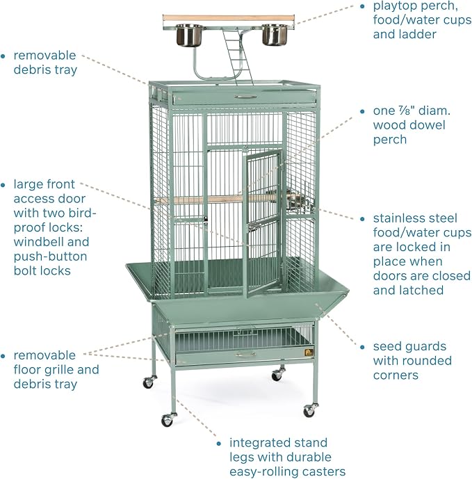Prevue Pet Products Wrought Iron Select Bird Cage - Large Steel Cage with Rolling Stand, Seed Guards, and Playtop, Durable Design, Ideal for Conures and Medium Birds - Sage Green - Image 3