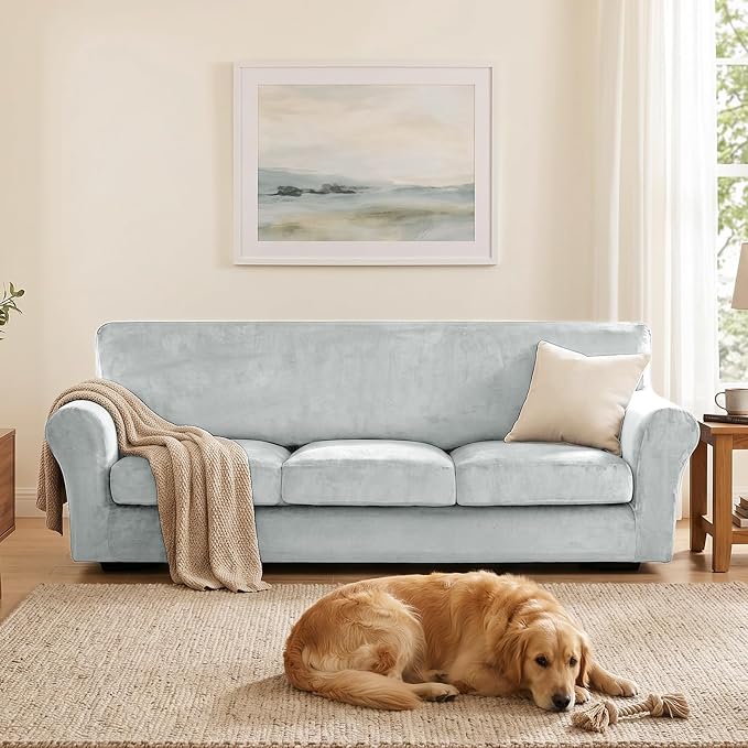 XINEAGE 4-Piece Velvet Oversize Sofa Cover,Couch Covers for Dog,Silver Gray | 3 Cushion Large Sofa,Stretch Non-slip Elastic, Pet-friendly, Washable, Fast Setup, Soft Plush Fabric, Furniture Protector. - Image 4
