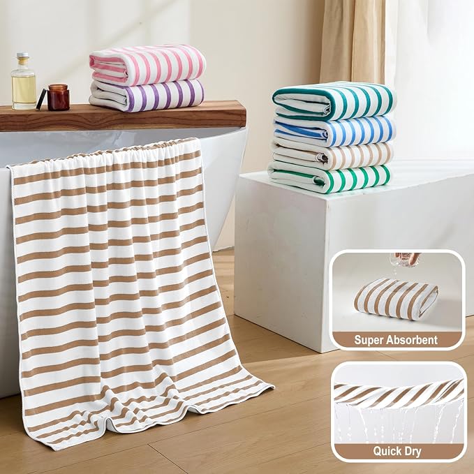 JML Microfiber Beach Towels Set of 4, 30" x 60", Cabana Stripe Coffee | Hanging Loop, Soft, Absorbent, Quick Dry Bath Towel for Summer Swimming Pool Party, Yoga, Camping - Image 4