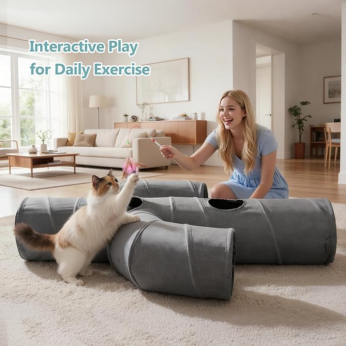 Ownpets Cat Tunnel Large 12 inch Diameter Sturdy Oxford Fabric Cat Tunnel Toy, Cactus Shape Collapsible Cat Tunnels for Indoor Cats,Interactive Peek Hole Pet Tunnel Tube with Cat Wand Toy - Image 6