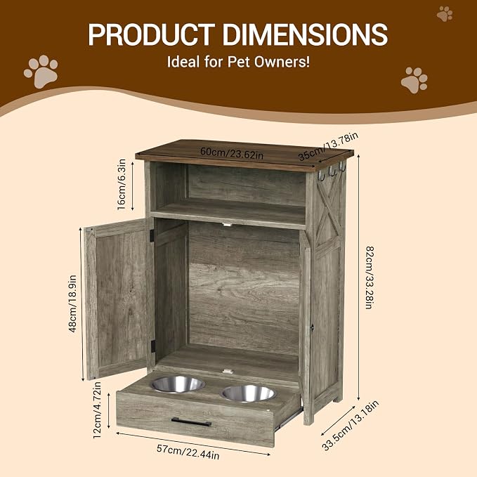 Dog Feeding Station with Storage Cabinet, Raised 2 Elevated Dog Bowls with Hidden Pull Out Drawer, Pet Feeder Organizer with 3 Side Hooks, Large Capacity Dog Food Storage Cabinet - Image 3
