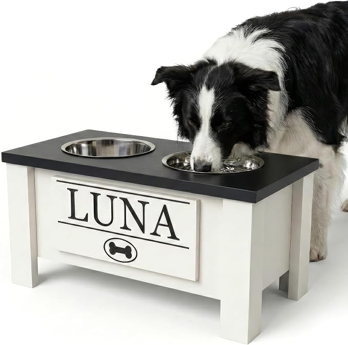 Elevated Dog Bowls, Personalized Raised Dog Bowl Stand for Medium Dogs | Farmhouse Style, Elevated Wood Stand, Storage Container, Stainless Steel Bowls, Raised Anti-Slip Feeder, Made in USA by GrooveThisWoodshop