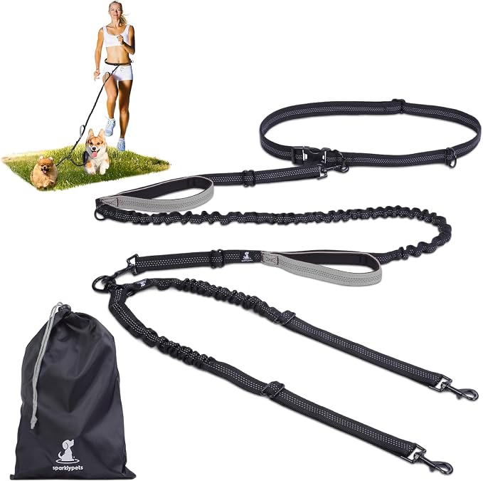 SparklyPets - Hands Free Double Dog Leash - Dual Leash for 2 Small Dogs - with Padded Handles, Reflective Stitches - No Pull, Tangle Free, for Dog Walking, Hiking, Canicross - for Small Dogs by SparklyPets