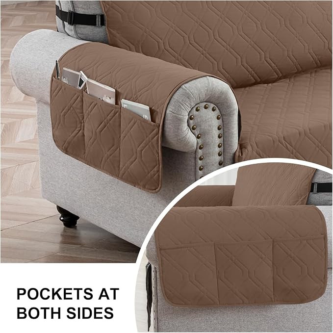 100% Waterproof Quilted Couch Cover,Straps&Pockets,78" Darkbrown | Washable sofa cover, pet-friendly, scratch-resistant furniture protector, quilted sofa cover, reversible, non-slip backing. - Image 5