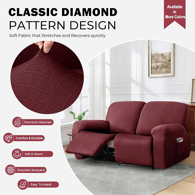 vctops Diamond Recliner Loveseat Slipcover 6-Pieces Stretch Dual Recliner Sofa Covers for 2 Seat Dual Reclining Loveseat Couch Soft Solid Furniture Protector (Wine Red,2 Seat) - Image 3