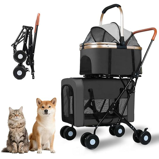 Foldable Double Pets Stroller for Dog Portable Cat Strollers for Small Medium Pet with Detachable Carriers Flexible Lockable Wheels Lightweight Dogs Jogger Strolling Cart Up to 77Lbs (Black)