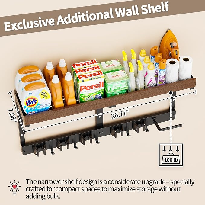 Broom and Mop Organizer Wall Hanging, Broom Hanger Holder Wall Mount | 3-in-1 mop and broom holder wall mount with 5 racks,5 hooks, storage shelf & vacuum organizer for garage,kitchen,laundry room - Image 5