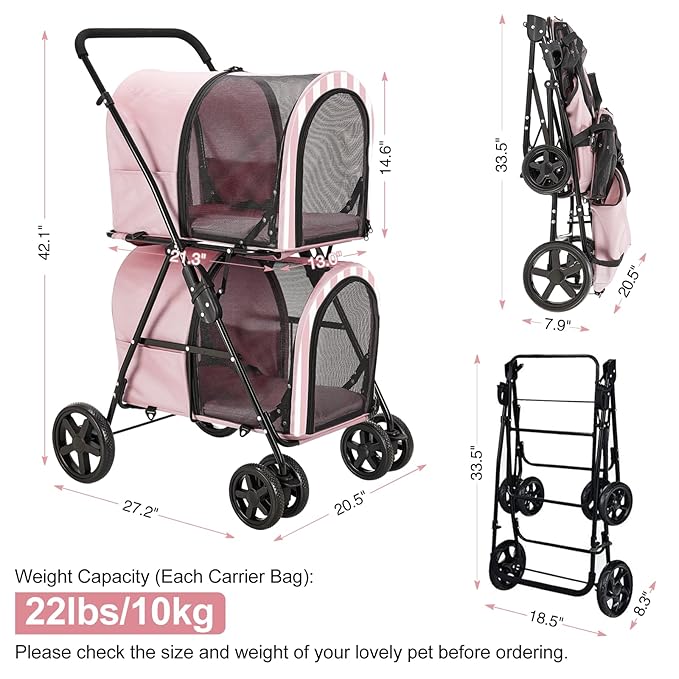 Double Pet Stroller for Dogs and Cats with 2 Detachable Carrier, Quick-Folding Dog Stroller for Medium Small Dogs Cats, 4 Wheels, Light Pink