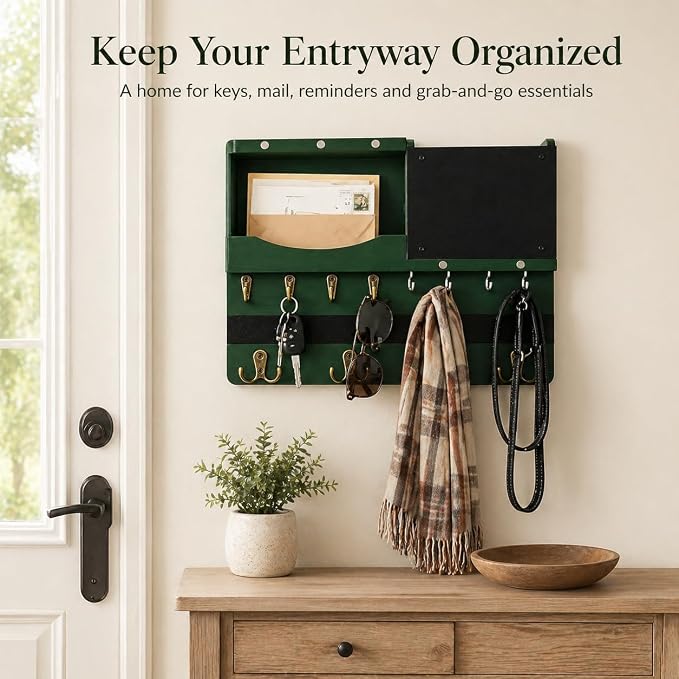Key Holder for Wall Mount with Shelf and Mail Organizer, Key and Mail Holder with 16 Hooks, Farmhouse Entryway Organizer, Home Decor Rack (Pine Wood,Green) - Image 4