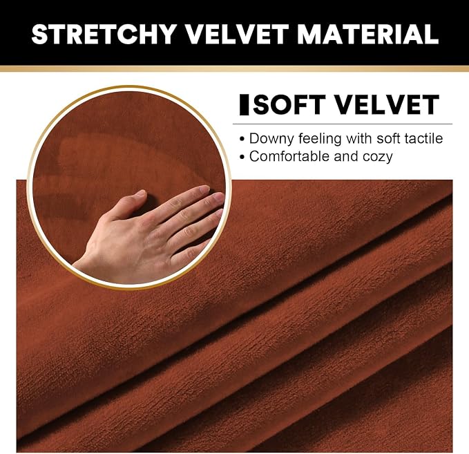 PrinceDeco Velvet Couch Covers for Sofa Soft 4 Pieces Couch Covers for 3 Cushion Couch Sofa Pet Friendly Furniture Protector with Non Slip Elastic Bottom Width Up to 97 Inch (Large Sofas, Rust) - Image 4