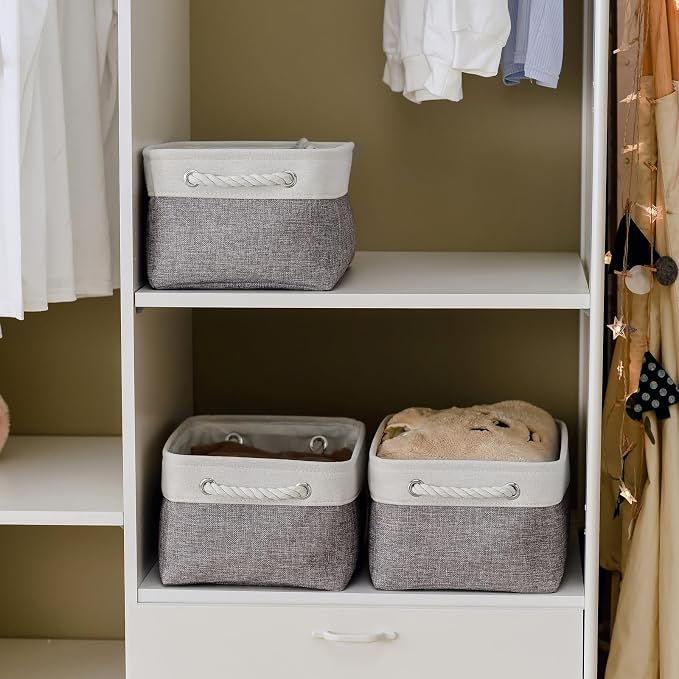 TheWarmHome Storage Bins for Shelves - 13.8L×9.8W×6.7H inch 3 Pack Medium Collapsible Storage Baskets for Organizing | Fabric Storage Cubes for Linen Closet Toy Home (White&Grey) - Image 8