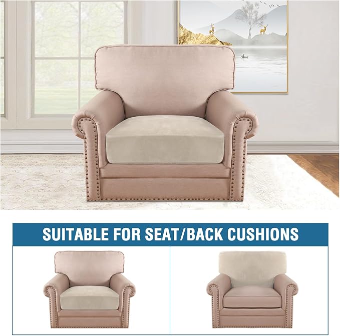 H.VERSAILTEX Velvet Stretch Couch Cushion Cover Plush Cushion Slipcover for Chair Cushion Furniture Protector Seat Cushion Sofa Cover (1 Piece Armchair Cushion Covers, Ivory) - Image 3