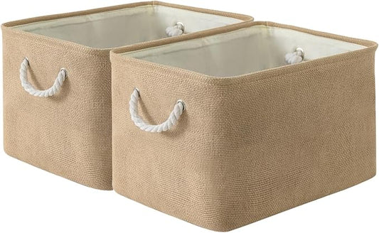 Organization and Storage Basket for Organizing - 17X15X12 inch 2 Pack Collapsible Baskets for Shelves, Fabric Storage Cubes with Rope, Storage Box for Cloth Decorative Gift (Beige) by Sacyic