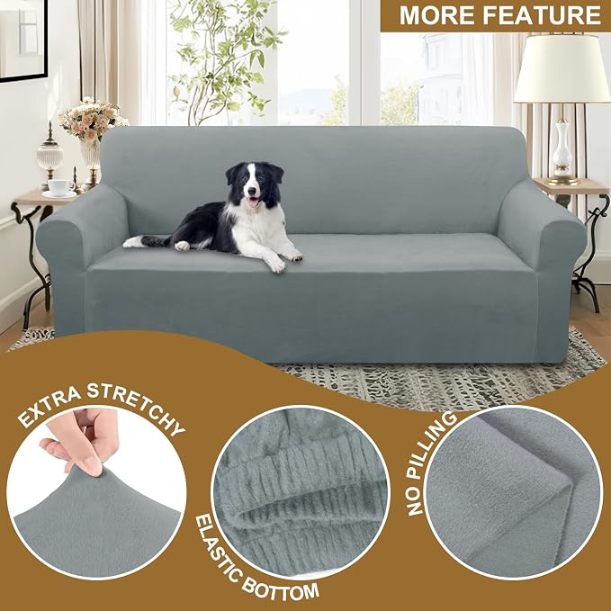 U-NICE HOME Velvet Chair Sofa Covers Stretch Couch Cover Furniture Protector Sofa Slipcover for Dogs (Chair, Light Grey) - Image 4