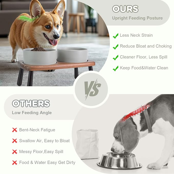 SPUNKYJUNKY Ceramic Elevated Dog Bowls Raised with Acacia Bamboo Wooden Stand, 6.1'' Dog and Cat Food Water Bowls Set Non-Slip for Small Medium Sized Breed Microwave Dishwasher Safe - 28.7 OZ,Grey - Image 3