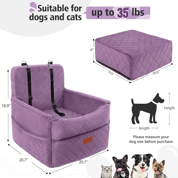 HEGGCOOE Small Dog Car Seat, Memory Foam Dog Booster Seats with Thick Cushion for Medium Dogs Under 35lbs, Detachable Washable Pet Car Seat Bed with Storage Pockets,2 Safety Belts Purple - Image 3
