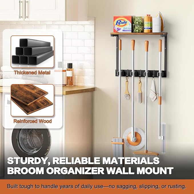 Broom Holder Wall Mount with Cleaning Supplies Organizer, Laundry Room Organization and Storage Shelves, Mop Hanger Broom Rack with Hooks, Home Improvement Kitchen Shelf Garage Organizer - Image 7