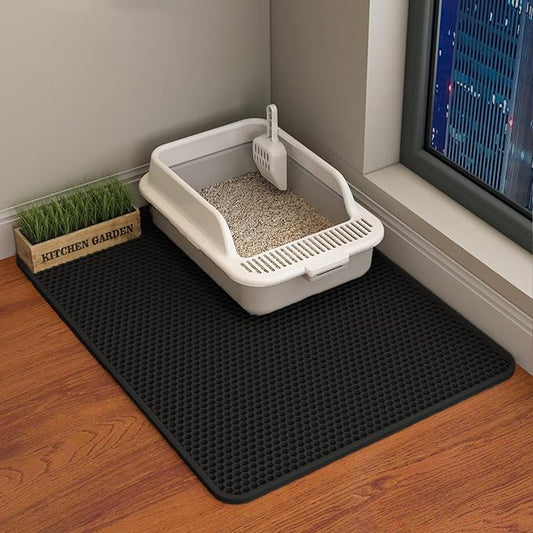 HCY&WLD Cat Litter Mat, 45x26/35x24/30x22/24x18 Inch Double Layer Cat Litter Box Mat, EVA Non-Slip, Waterproof Urine Proof Cat Litter Catcher Mat, Easy Clean Scatter Control (30x22 Inch, Black) by HCY%26WLD