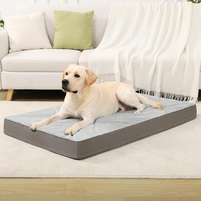 KSIIA Orthopedic Dog Bed for Extra Large Dogs with Waterproof, Grey, 47x29 | Deluxe Soft Plush Dog Crate Bed, Washable Pet Mat with Removable Cover & Egg Crate Foam for Extra Large Dogs Sleeping by KSIIAPetProducts