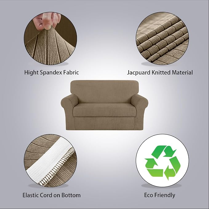 Loveseat Cover Stretching Skid Resistance Couch Cover for Pets Washable, Thick and Durable Soft High Spandex Striped Pattern Sofa Covers, Form Fitted Love Seat Slipcover(Loveseat, Khaki) - Image 2