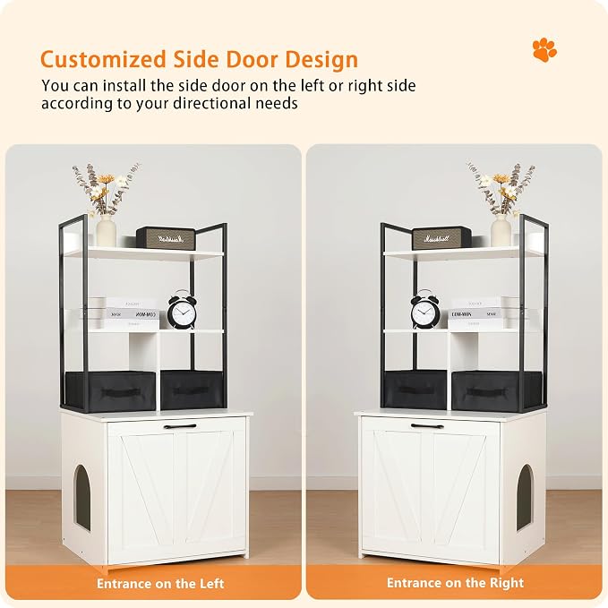 DWANTON Litter Box Enclosure with 2 Storage Shelves and 2 Drawers, 2-in-1 Hidden Cat Litter Box Enclosure Furniture with Shelf, Reversible Entrance, Washable Drawers, 50-Inch, White - Image 2