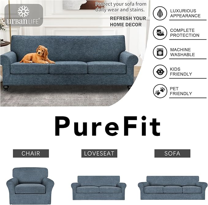 URBANLIFE 4-Piece Stretch Sofa Covers for 3 Cushion Couch, Dusk Blue Gray | Super fitted spandex slipcovers for couches. Non-slip elastic bottom. Machine washable furniture protector for kids & pets. - Image 6
