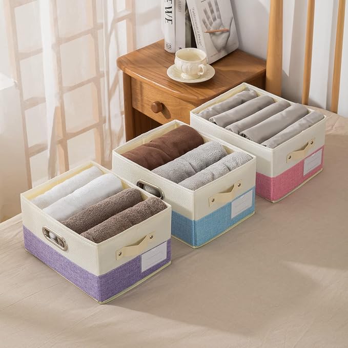 PRANDOM Large Fodable Storage Bins for Closet [3-pack] Decorative Fabric Storage Baskets Cubes with Leather/Metal Handles for Shelves Bedroom Living Room Purple&Cream (14.9x9.8x8.3 Inch) - Image 7