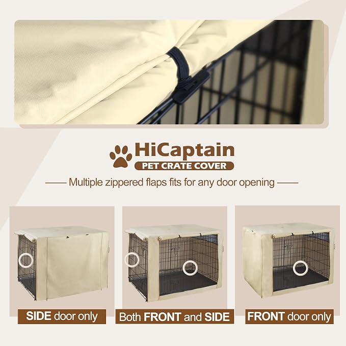 HiCaptain Dog Crate Cover 48.0" L x 30.0" W x 33.0" H with Breathable Mesh, Durable Heavy Duty Kennel Cover, Dual Zippered Panels, Windproof Waterproof UV-Resistant(Beige) - Image 4