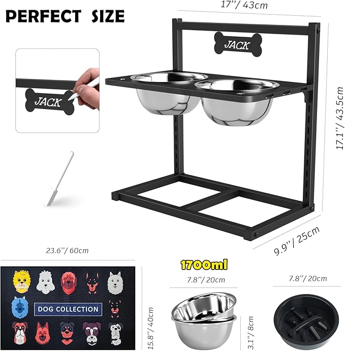 ADENGL 9 Height Adjustable Dog Bowl Stand with Two 1.7L Stainless Steel, Slow Feeder Bowls and Nonslip Pad, Perfect for Medium and Large Dogs - Image 3