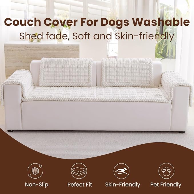 Couch Cover for Dogs Washable, Non Slip Couch Covers for 3 Cushion Sofa Pet Friendly, Fuzzy Pet Couch Cushion Covers for Dog, Thick, Soft for Sofa Protector (White, 27.6" x 70.9"/70 x 180cm) - Image 2